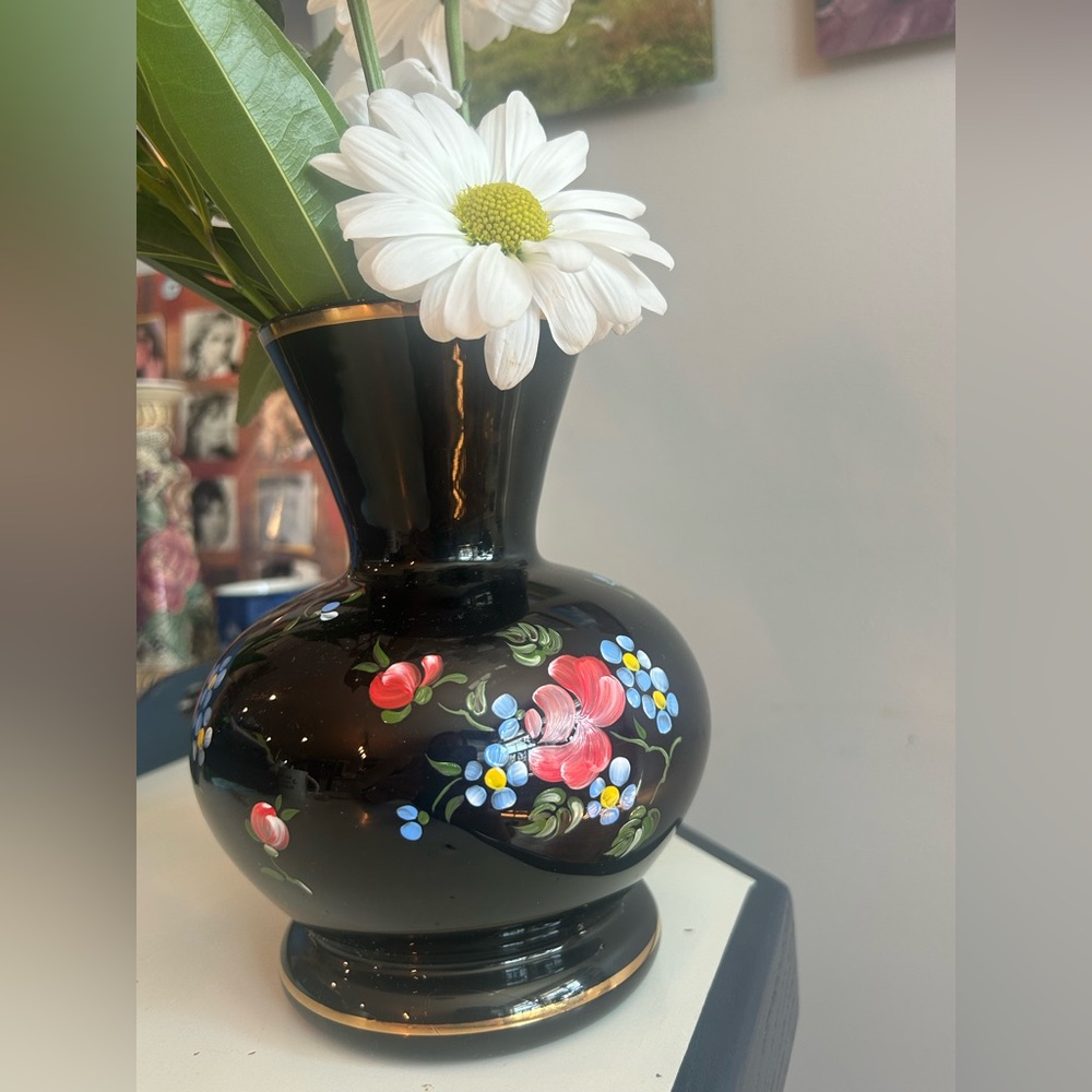 Vintage hand painted Floral Black Glass Vase with Gold Trim